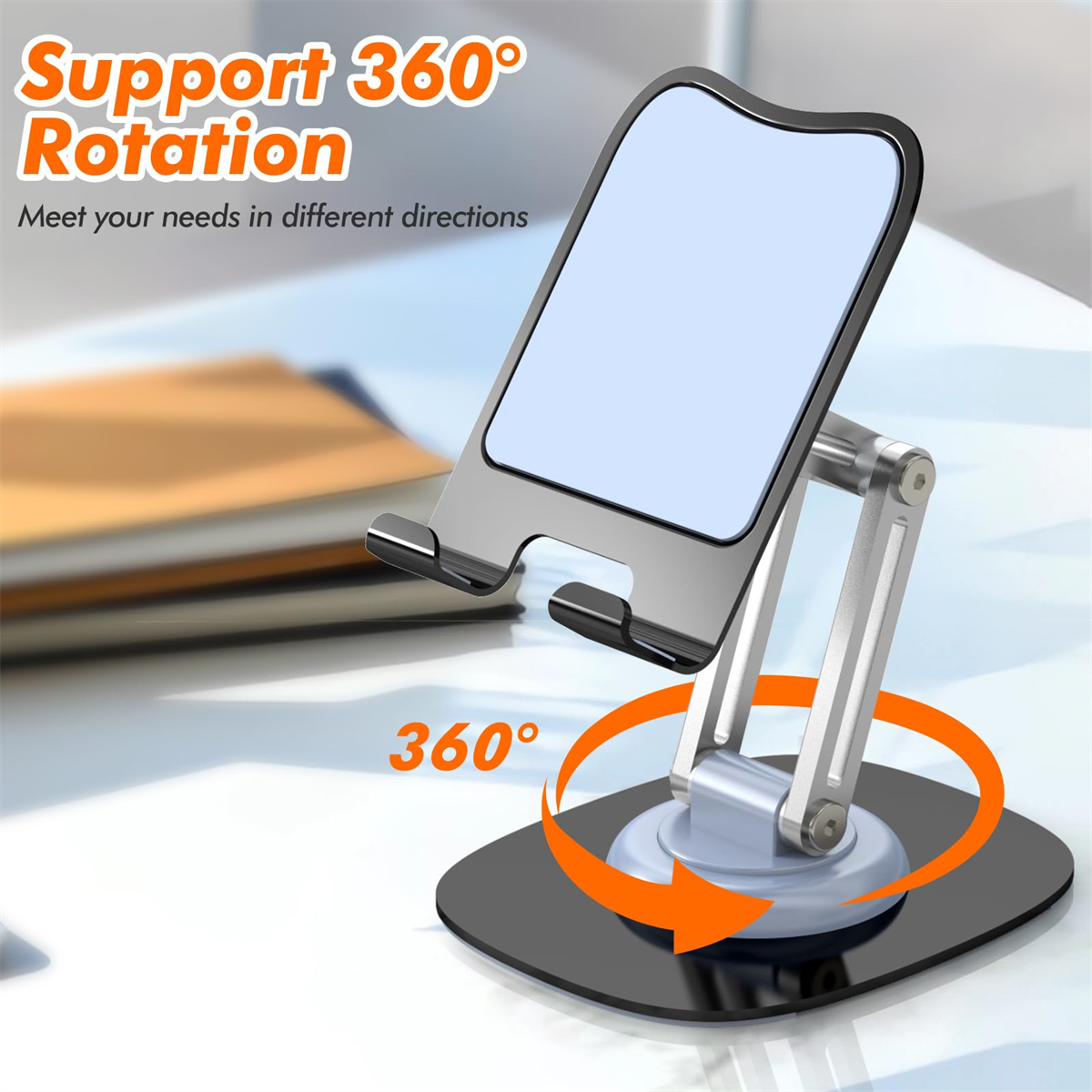 Ein Telefonständer, der ein Telefon hält. Der Ständer hat eine 360-Grad-Drehfunktion.