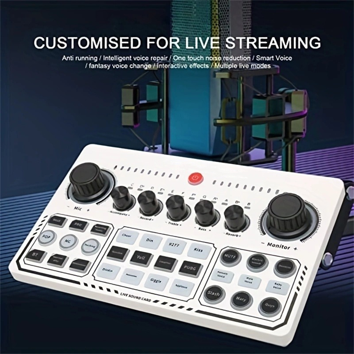 Live-Streaming-Soundkarte mit Knöpfen und Tasten. Zeigt verschiedene Eingangs- und Ausgangsoptionen mit Mikrofon.