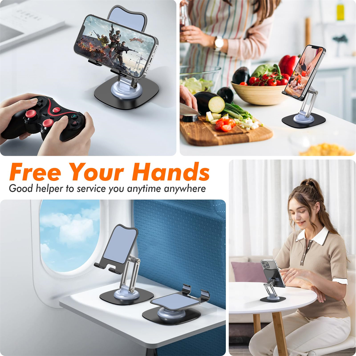 Collage, das einen Telefonhalter in verschiedenen Nutzungsszenarien zeigt, mit Text "Free Your Hands".
