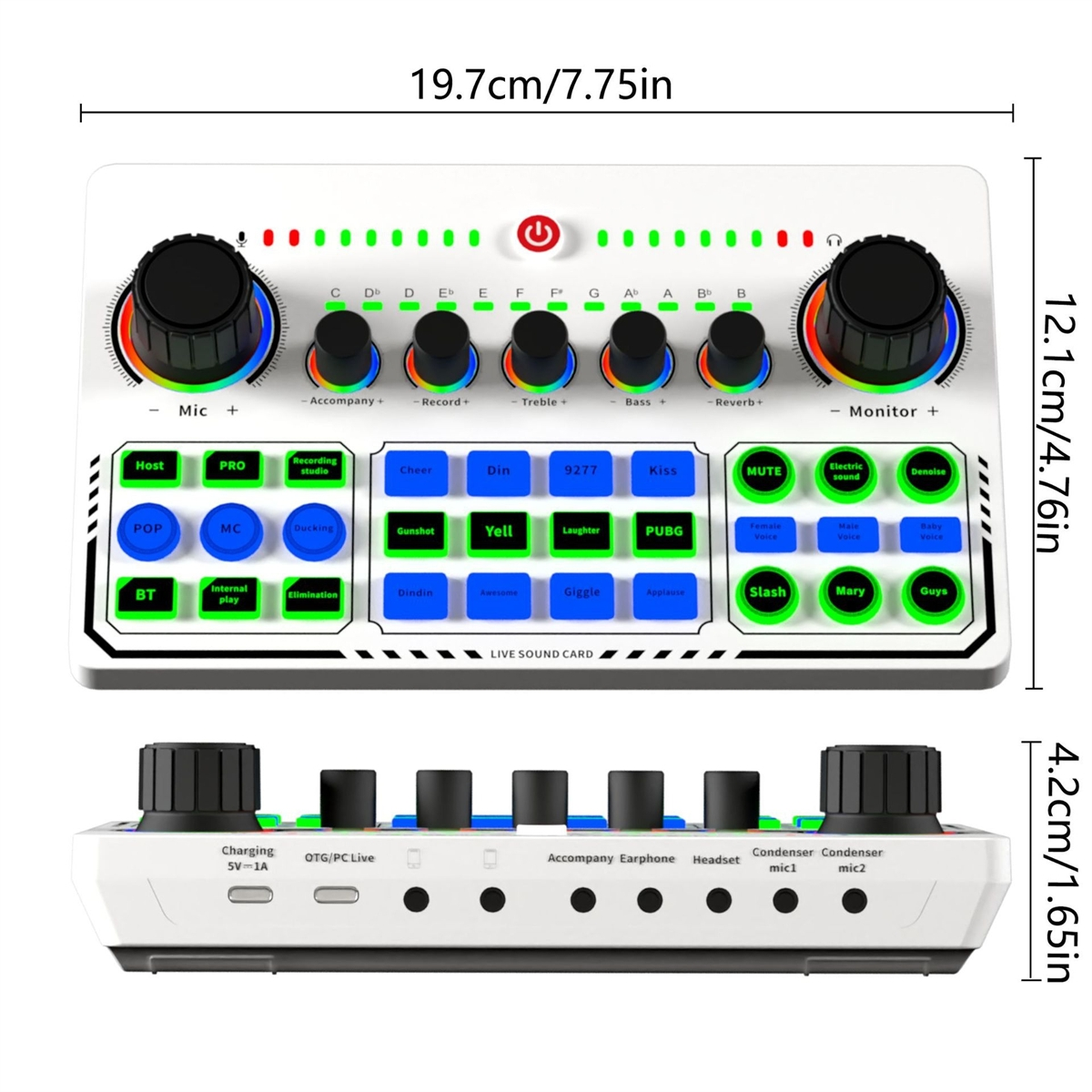 Weißer und schwarzer Audio-Mixer mit vielen Knöpfen. Text: Live Sound Card, Mikrofon, Monitor usw.