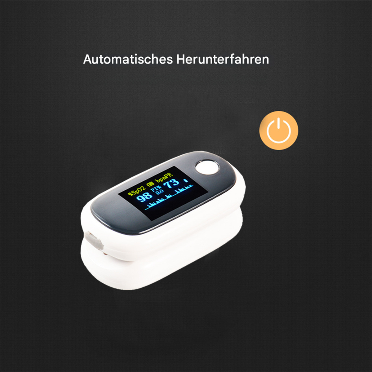 Weißes und schwarzes Pulsoximeter mit Display, das Messwerte anzeigt, und orangefarbener Ein-/Aus-Taste.
