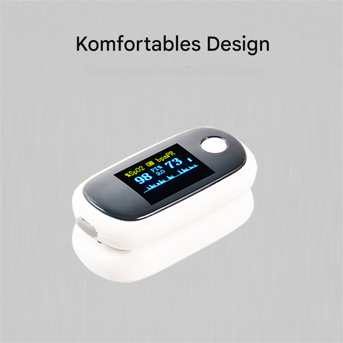 Weißes und graues Oximeter mit schwarzem Bildschirm mit Zahlen. Der Hintergrund ist grau.