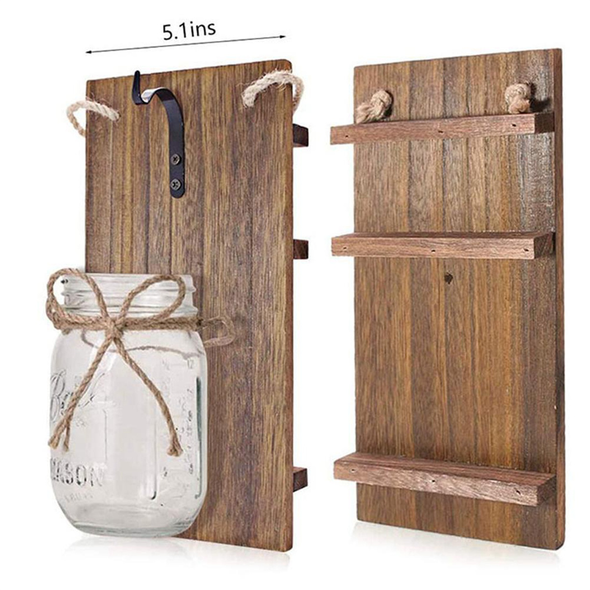 Wanddekoration aus Holz mit einem Glas und Regalen zur Dekoration. Braune Farbe.