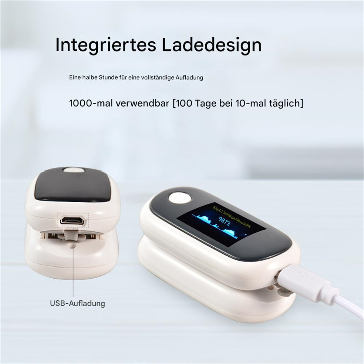 Zwei Pulsoximeter, eines mit USB-Anschluss. Eines zeigt eine Messung an. Text: Integriertes Ladedesign.