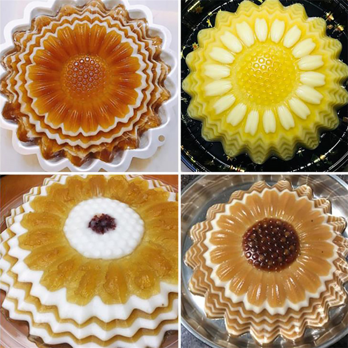 Vier sonnenblumenförmige Desserts mit unterschiedlichen Füllungen und Farben in einem Raster.