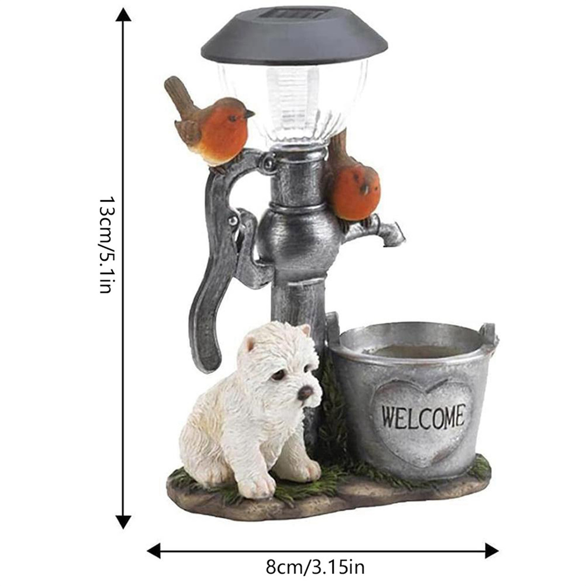 Eine Gartenlampe mit zwei Vögeln und einer Hundestatue, plus Abmessungen, mit dem Wort 'WELCOME'.