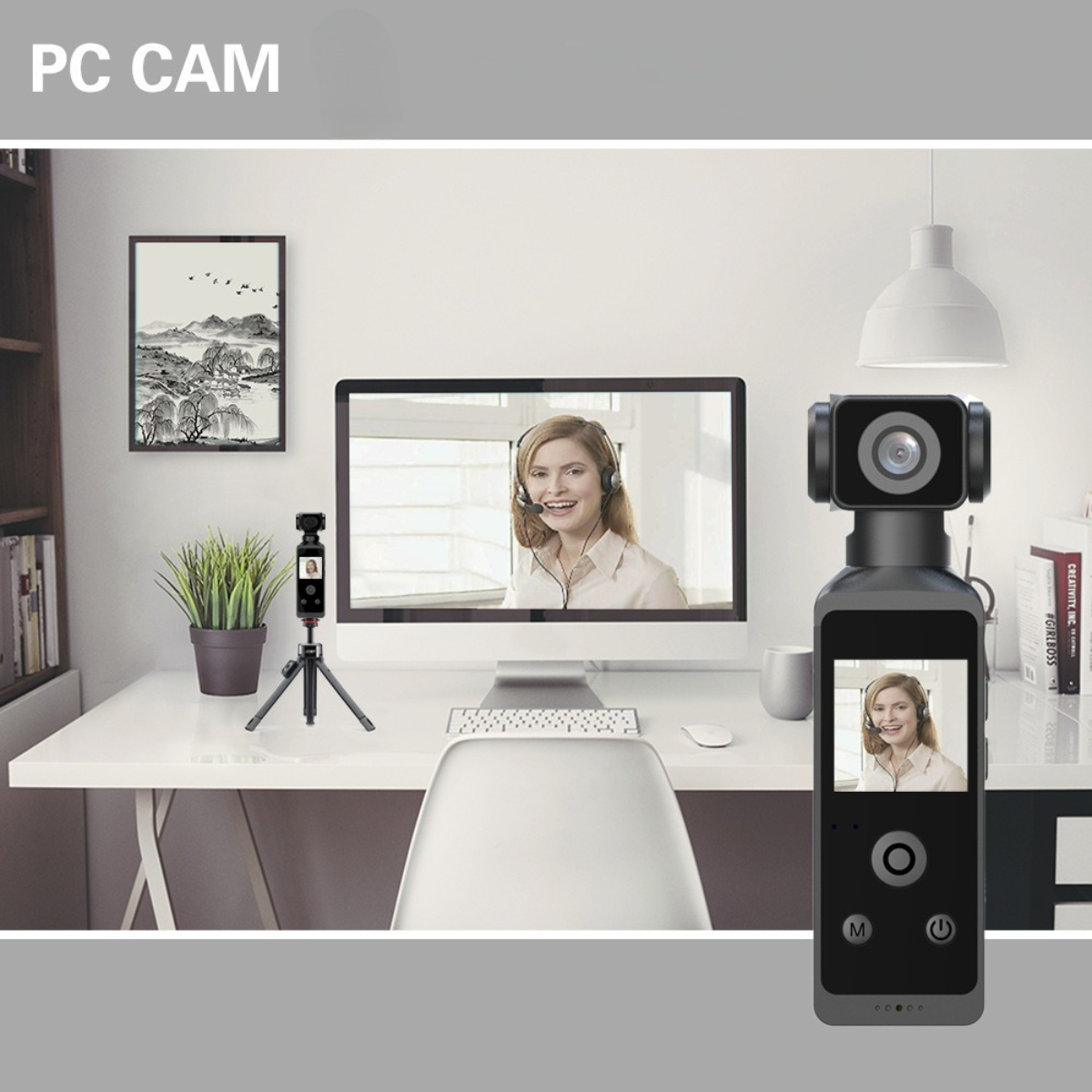 Ein PC-Kamera-Setup mit einem Monitor, der eine Frau zeigt. Eine Webcam steht auf einem Stativ, und eine Handkamera zeigt dieselbe Frau.