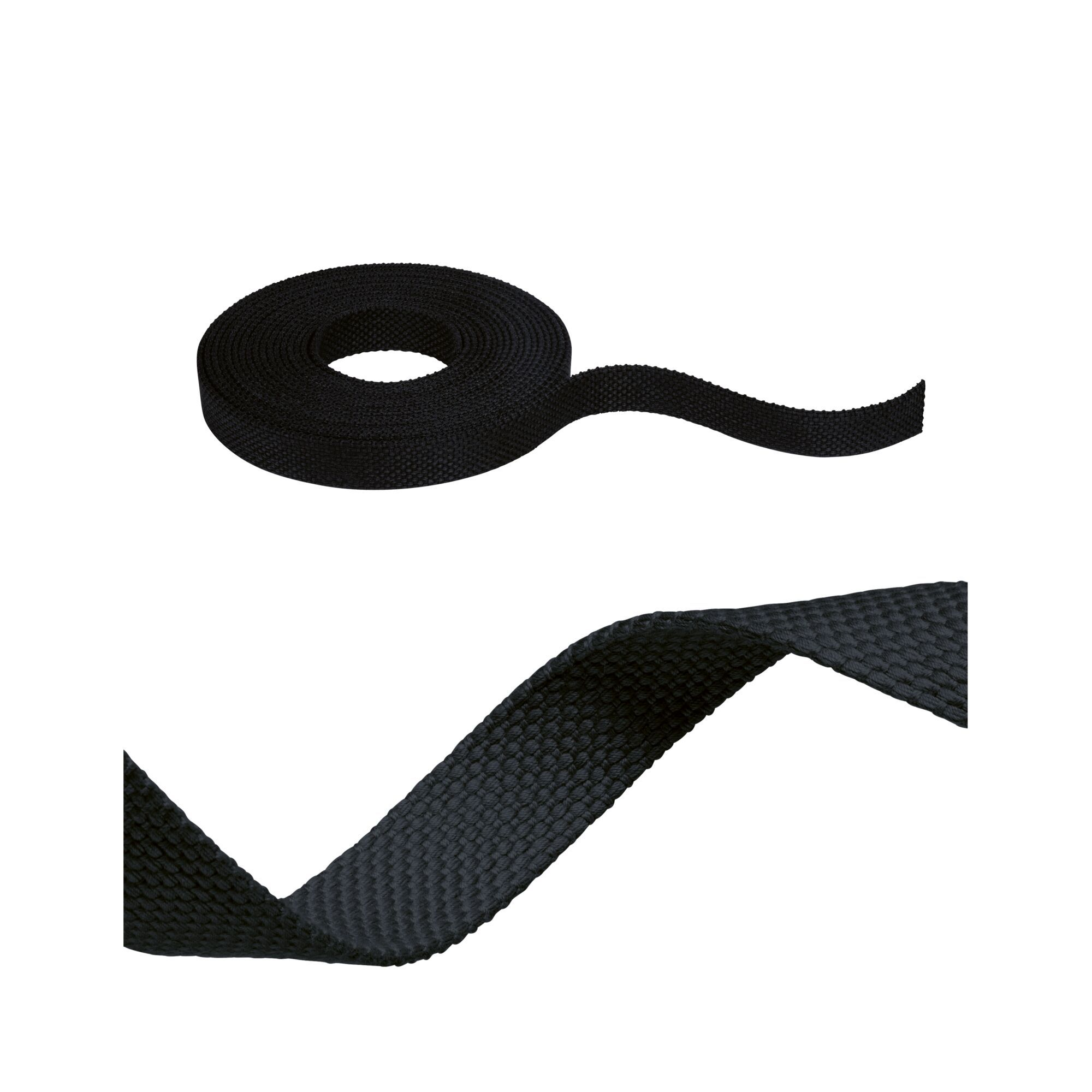 Eine schwarze Gurtbandrolle und eine Nahaufnahme des gewebten Materials, die seine Textur zeigt.