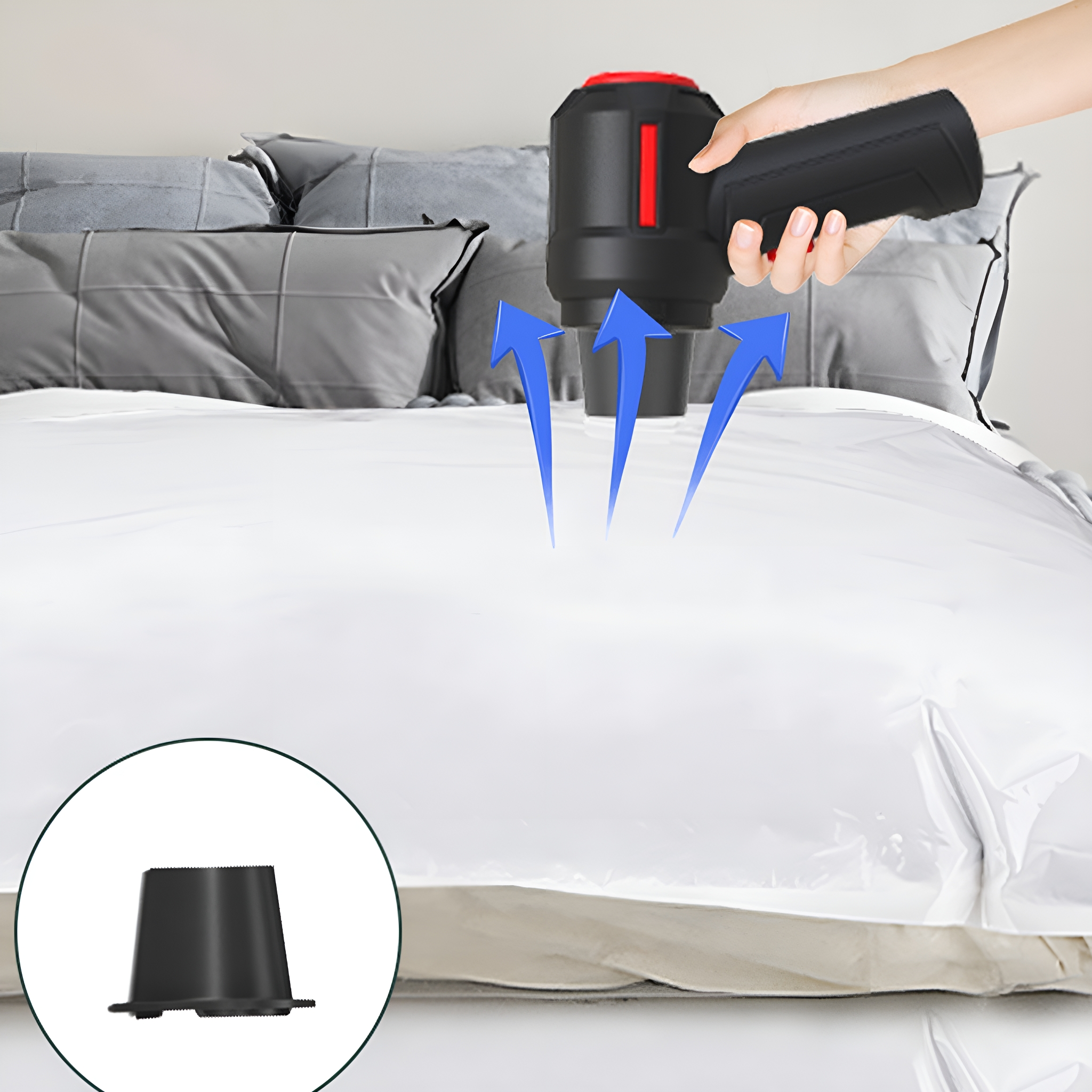 Eine Hand verwendet ein Gerät, um einen weißen Beutel auf einem Bett vakuumzudichten, mit blauen Pfeilen.