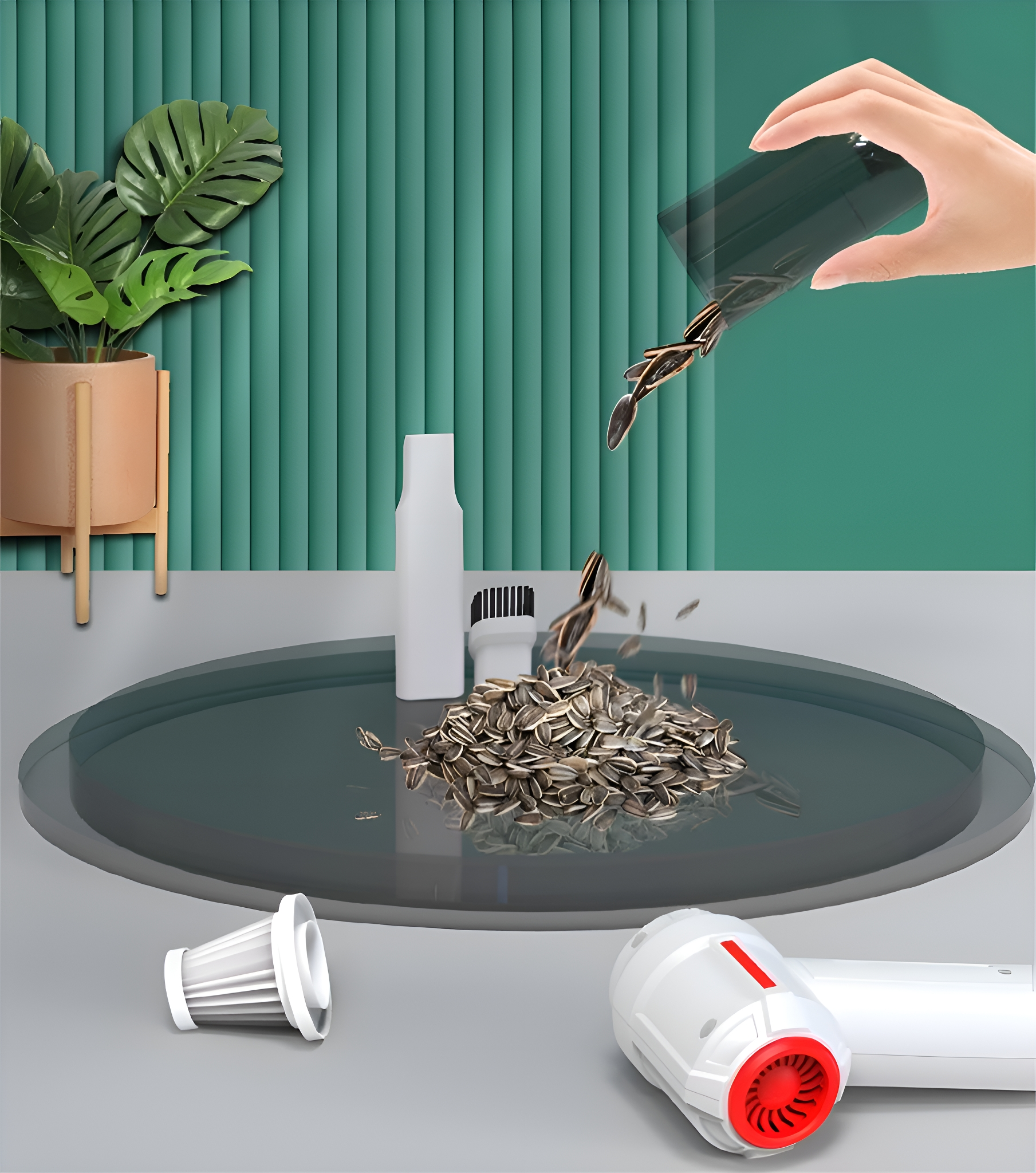 Sonnenblumenkerne werden auf eine Oberfläche gegossen. Weiße Flasche und Staubsauger auf der Oberfläche.