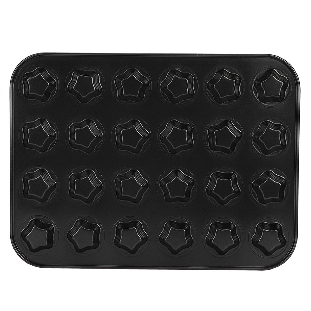 Schwarze sternförmige Muffinform mit mehreren Sternhöhlen.