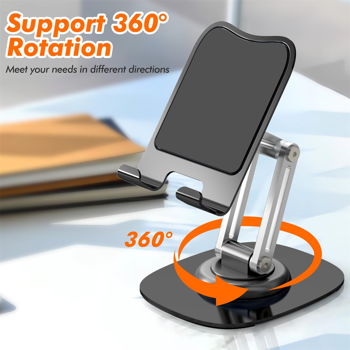 Schwarzer und silberner Telefonständer, der ein Telefon stützt. Orange Pfeile zeigen 360-Grad-Drehung.