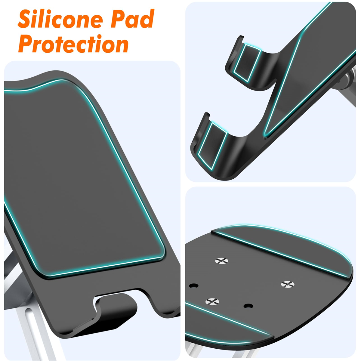 Nahaufnahmen eines schwarzen Silikonpads mit einem Handyhalter-Design.