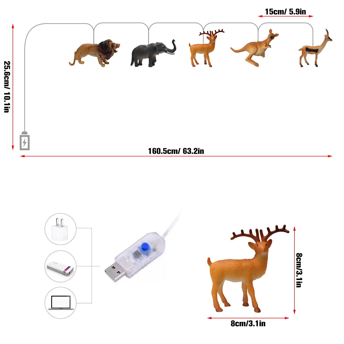Ein Set von Tierfiguren auf einer Schnur mit Maßen. Nahaufnahme eines Hirsches.