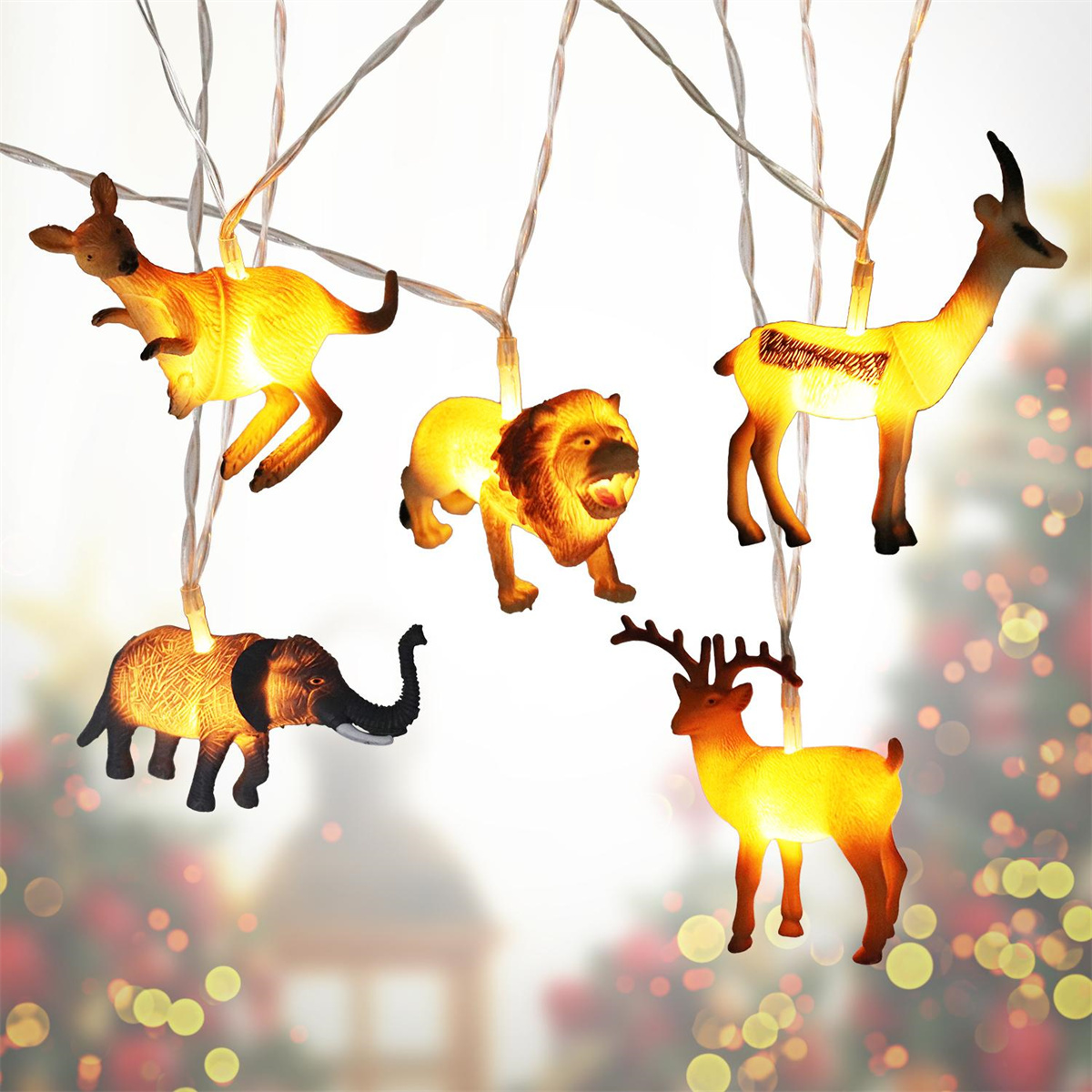 Lichterkette mit leuchtenden Tierformen, darunter Känguru, Löwe, Hirsch.