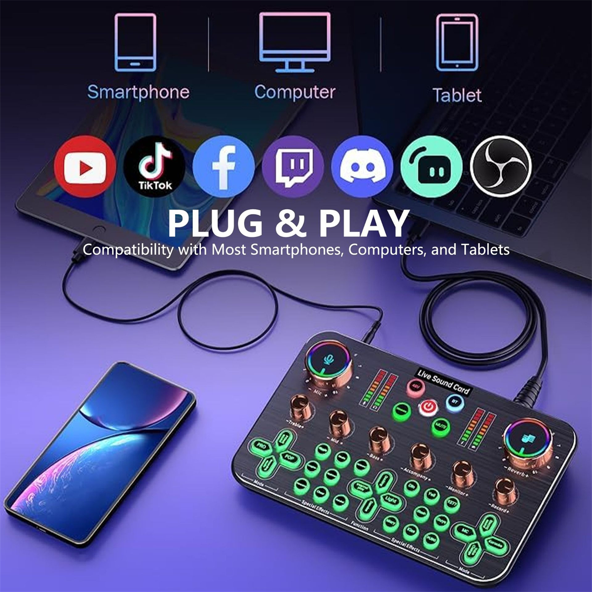 Plug-and-Play-Soundkarte mit Smartphone-, Tablet- und Computer-Symbolen. Mehrere Geräte im Hintergrund.