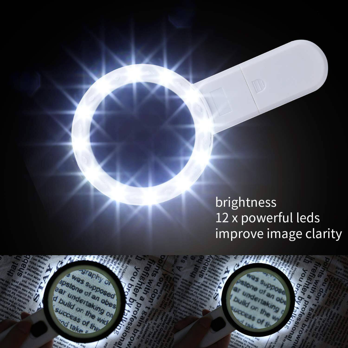 Eine weiße LED-Lupe beleuchtet Text, mit einer Anweisung, die die Helligkeit und LEDs beschreibt.