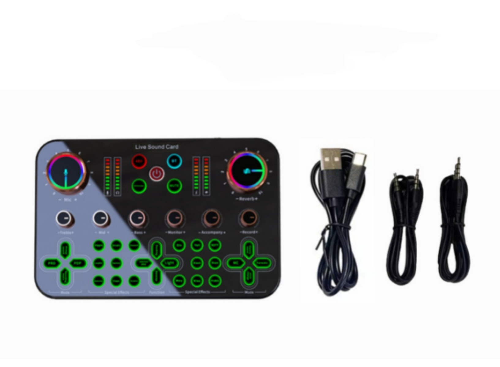 Live-Soundkarte und Kabel auf weißem Hintergrund. Mehrere Knöpfe und Regler.