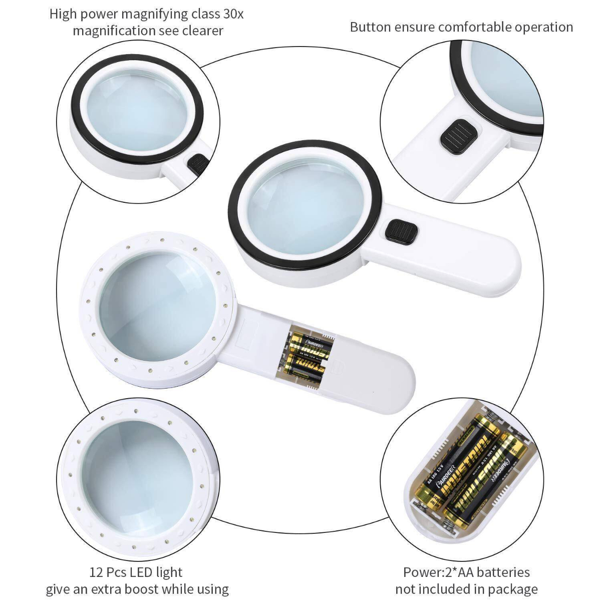 Bild zeigt Lupe mit LED-Leuchten, hebt Funktionen und Batteriefach hervor.