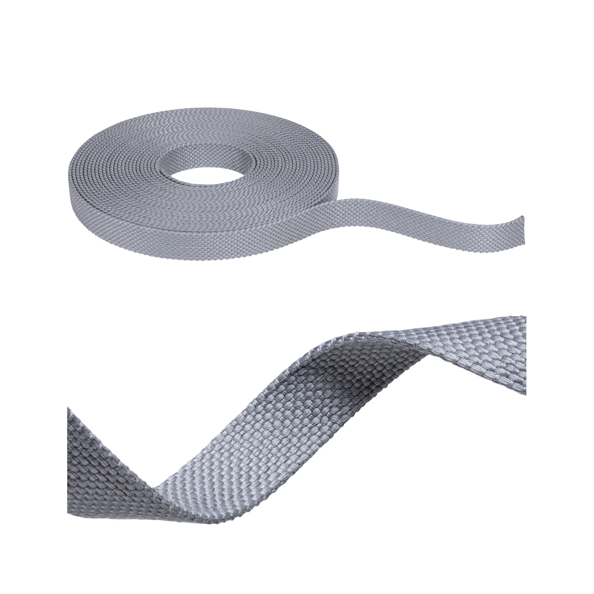 Eine Rolle graues Gurtband mit Nahaufnahme der gewebten Textur.