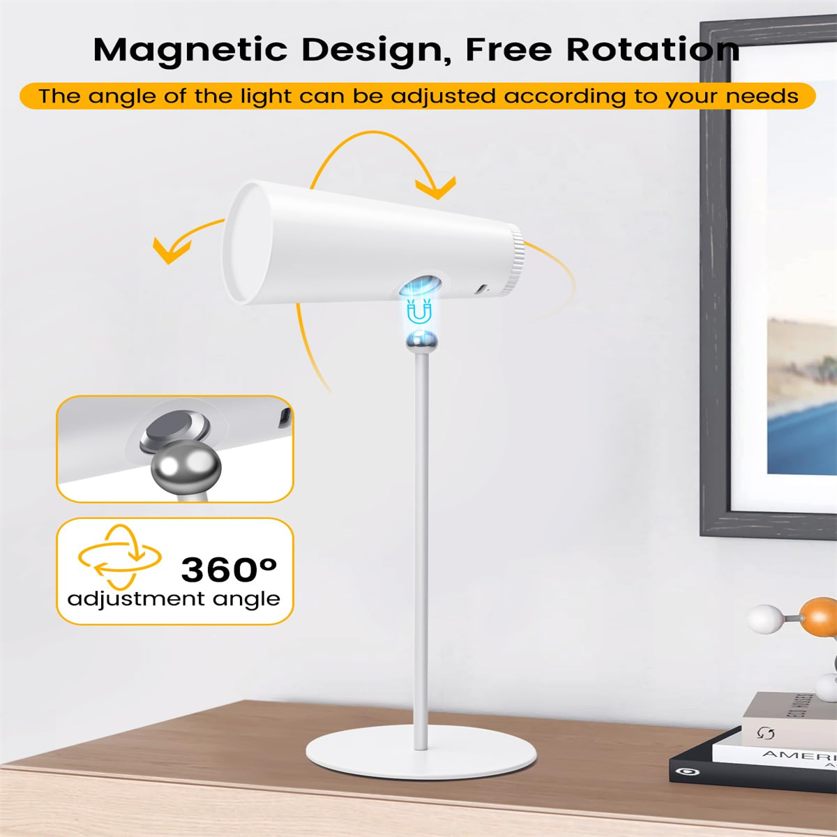 Eine weiße Lampe auf einem Ständer mit weißem Sockel und verstellbarem Licht, auf einem Holztisch.