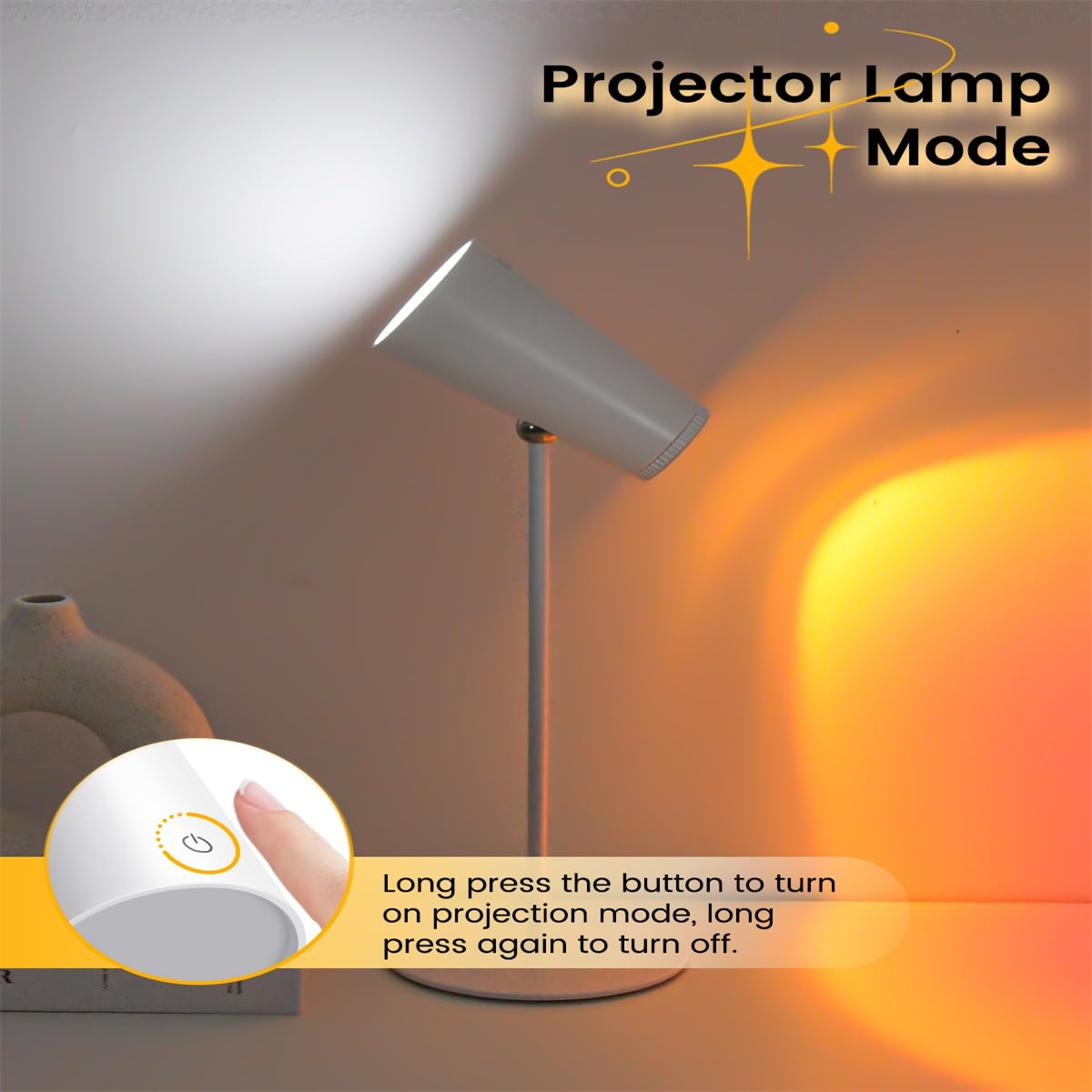 Weiße Projektorlampe, die ein helles Licht wirft, mit einem Knopf zum Ein- oder Ausschalten.