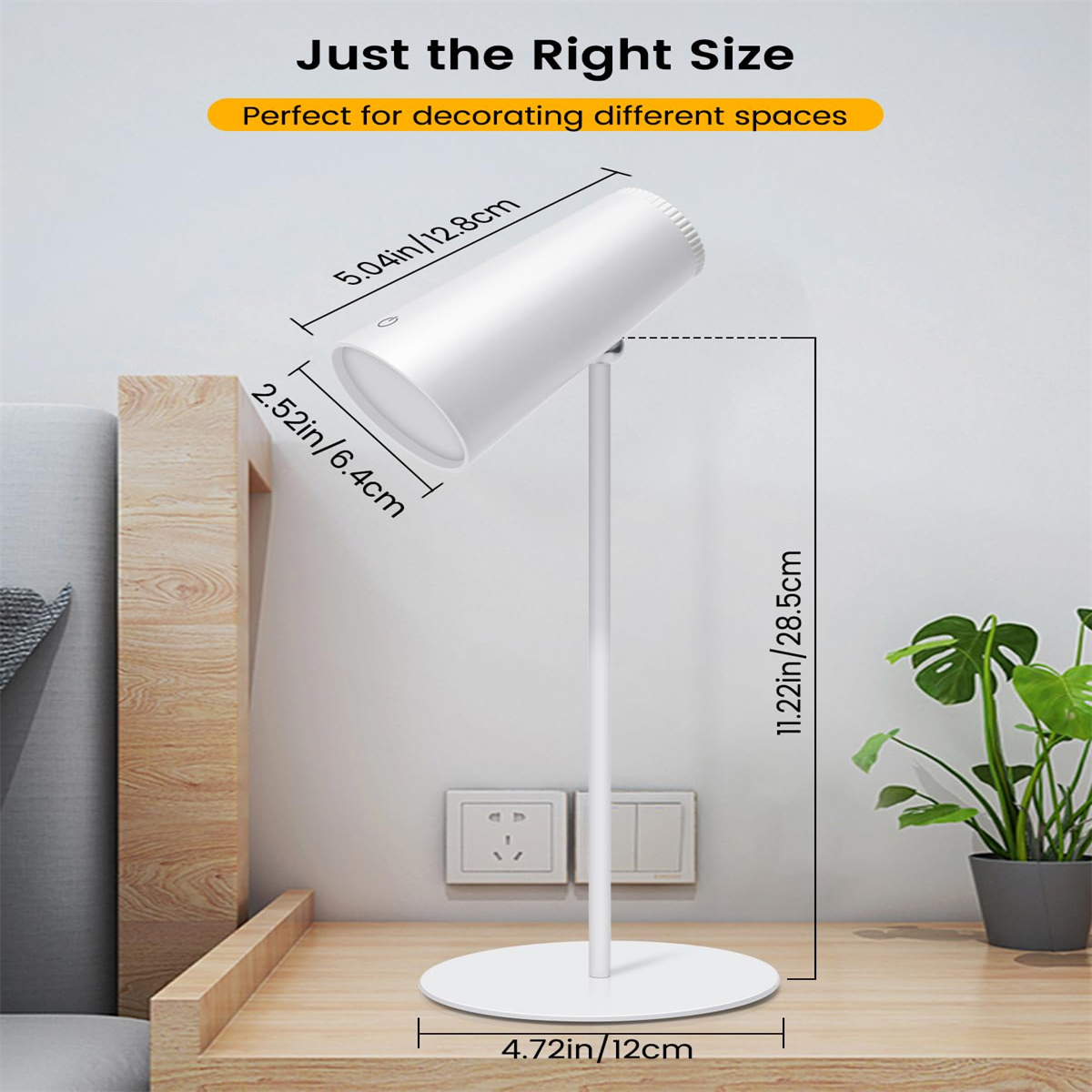 Weiße Lampe mit zylindrischem Kopf auf einem Ständer. Die Abmessungen sind auf dem Bild angegeben.