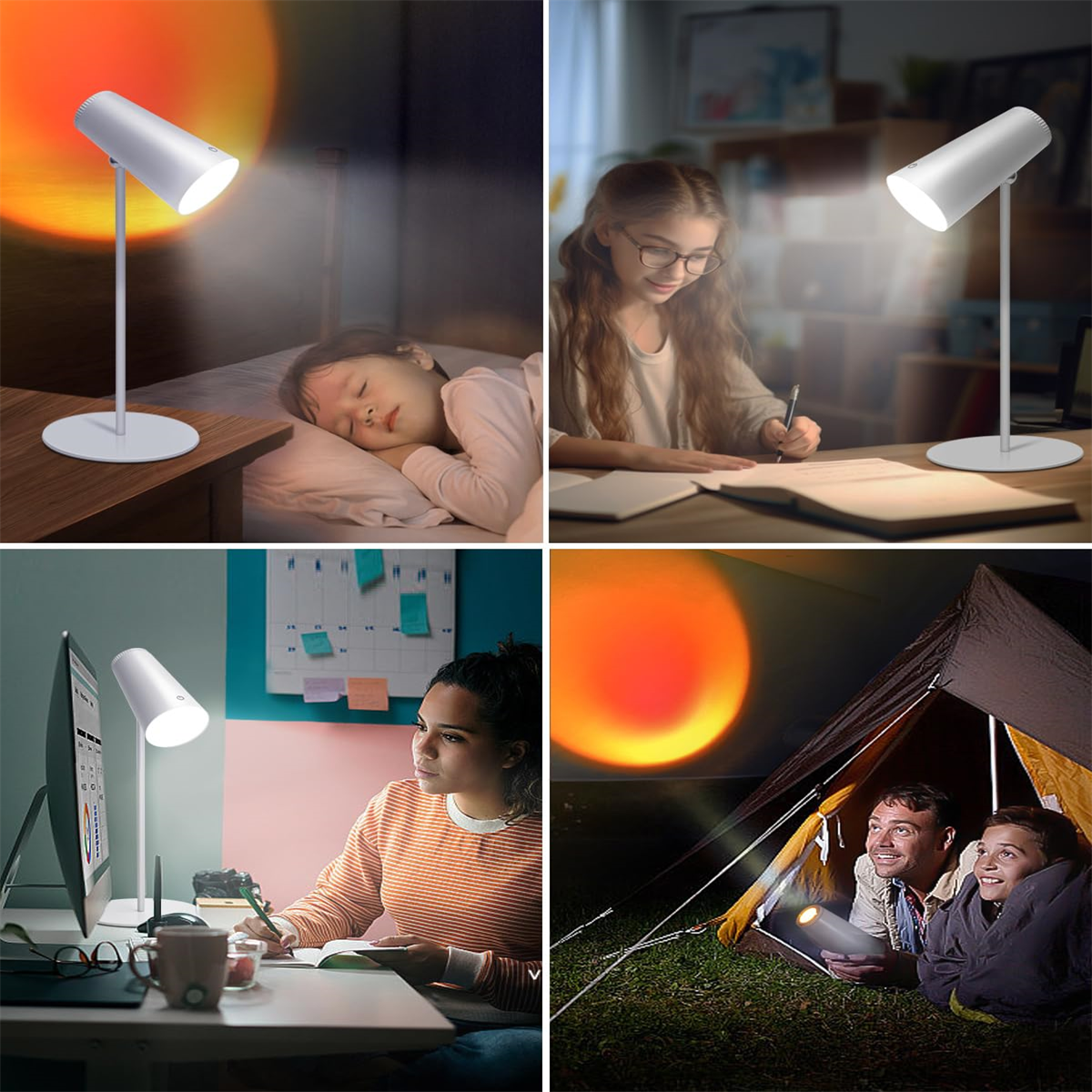 Vier Fotos: Mädchen schläft, Mädchen lernt, Frau arbeitet und Paar im Zelt, alle mit Schreibtischlampen.