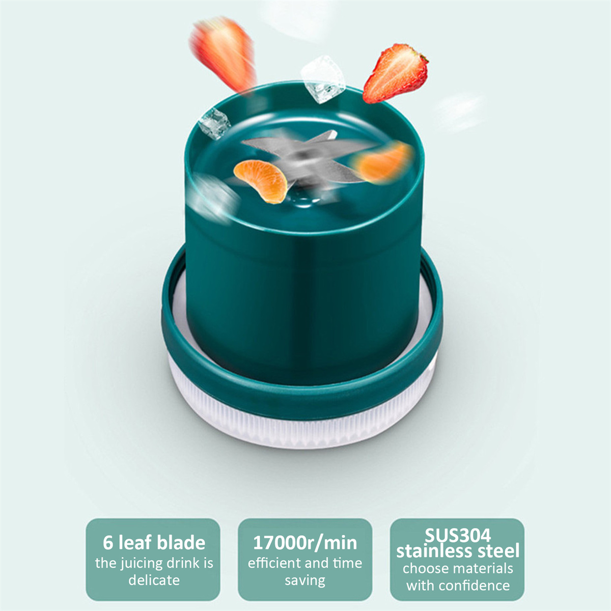 Ein Mixer mit Zutaten, Text darunter: 6 Klingen, 17000 U/min, SUS304 Edelstahl.