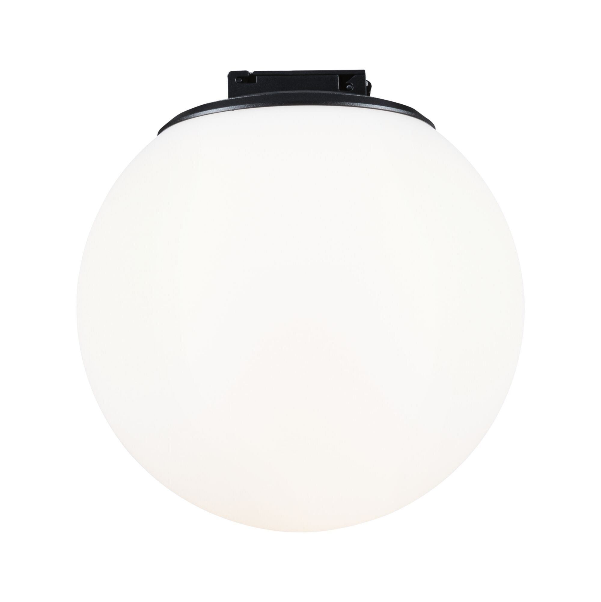 Un grande apparecchio a globo bianco con una parte superiore nera. È rotondo e opaco.