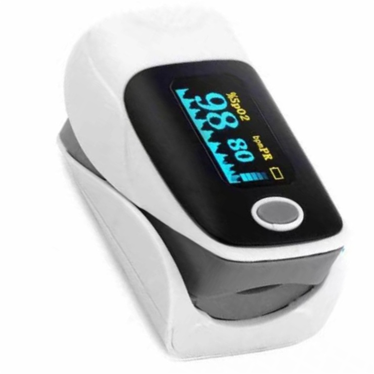 Ein Pulsoximeter, das einen Wert von 98 % SpO2 und 80 bpmPR anzeigt. Das Display ist schwarz mit blauen Zahlen.