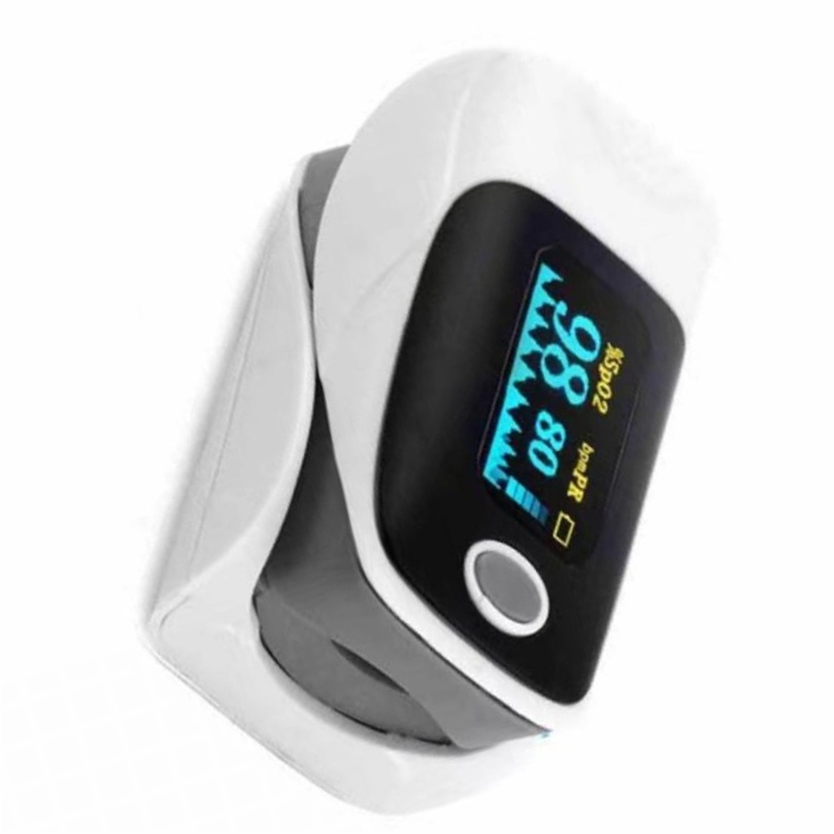 Weißes und schwarzes Fingerpulsoximeter. Zeigt SpO2- und BPM-Messwerte auf blauem Digitaldisplay an.