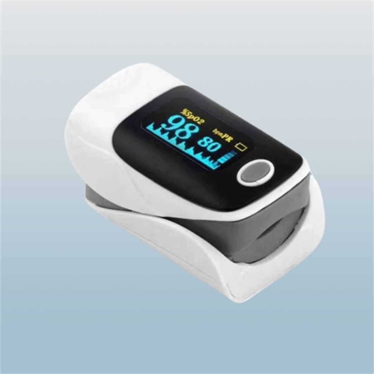 Ein weißes und schwarzes Pulsoximeter mit einem SpO2-Wert von 98 und einer Pulsfrequenz von 80, auf blauem Farbverlauf.