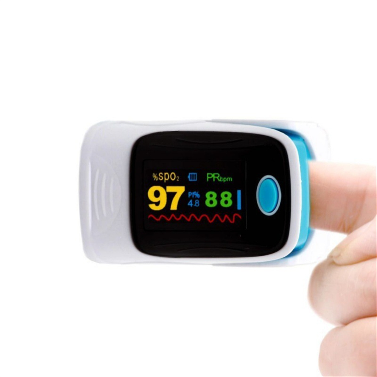 Ein Pulsoximeter an einem Finger zeigt SpO2 97 %, PR 88 und eine Wellenform auf weißem Grund.
