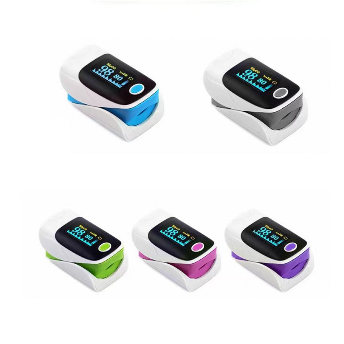 Sechs Pulsoximeter mit Digitalanzeigen zeigen SpO2. Jedes hat eine andersfarbige Basis: blau, grau, grün, rosa und lila.
