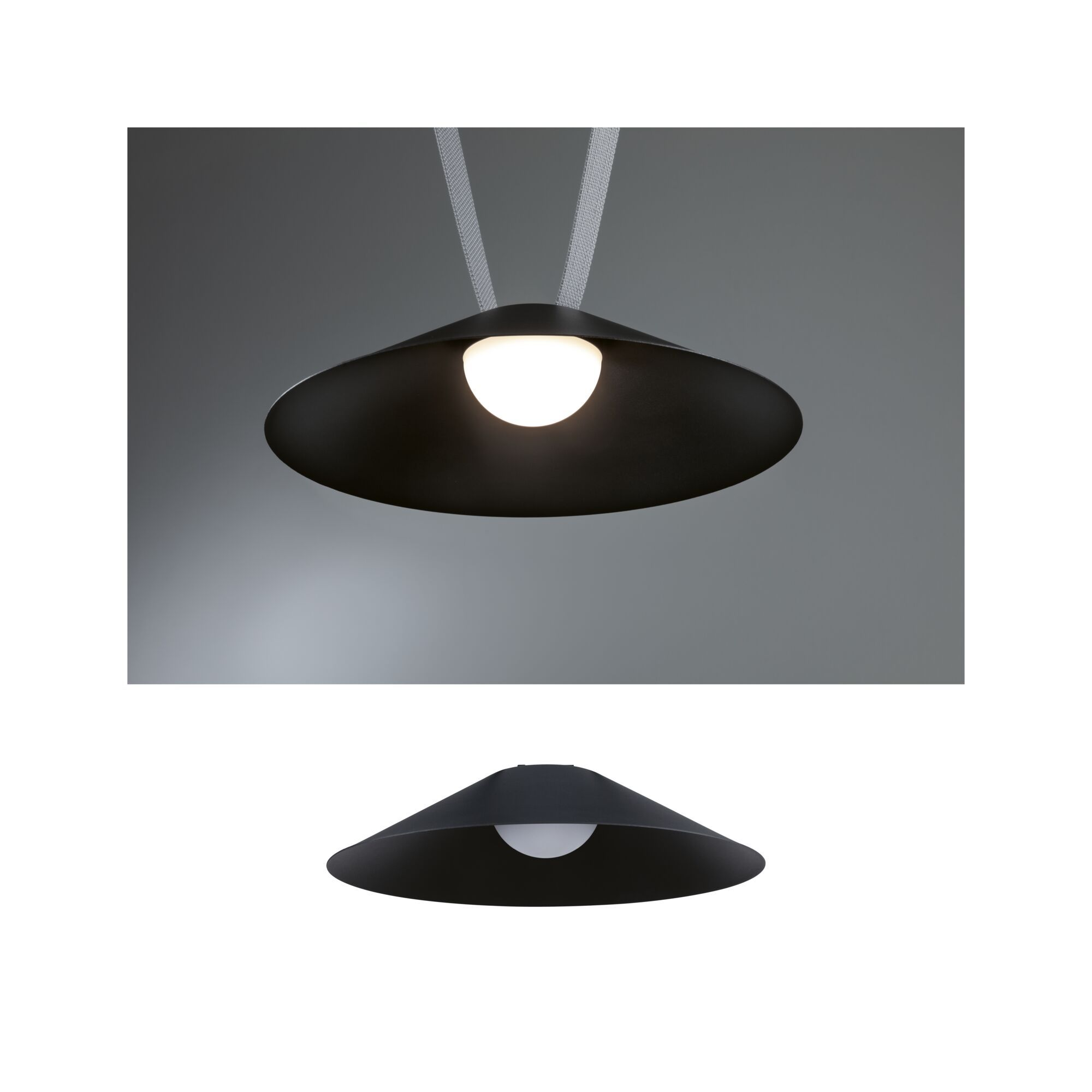 Czarna lampa wisząca z białym światłem kulistym. Dwa widoki lampy, od góry i od dołu.