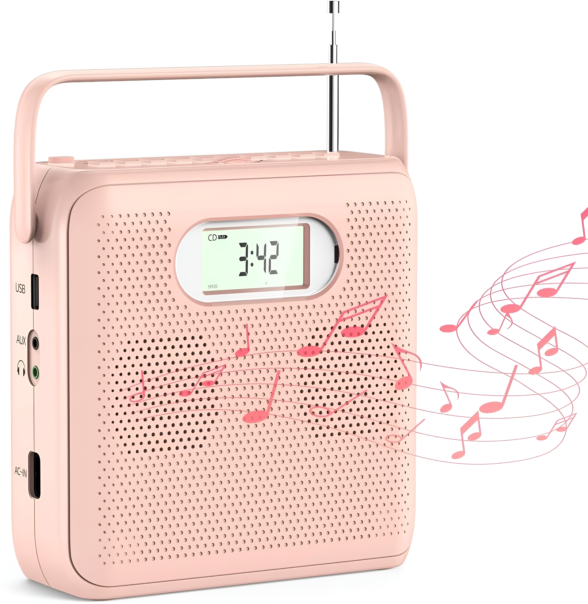 Rosa tragbares Radio mit Display, Lautsprechern und herauskommenden Noten.