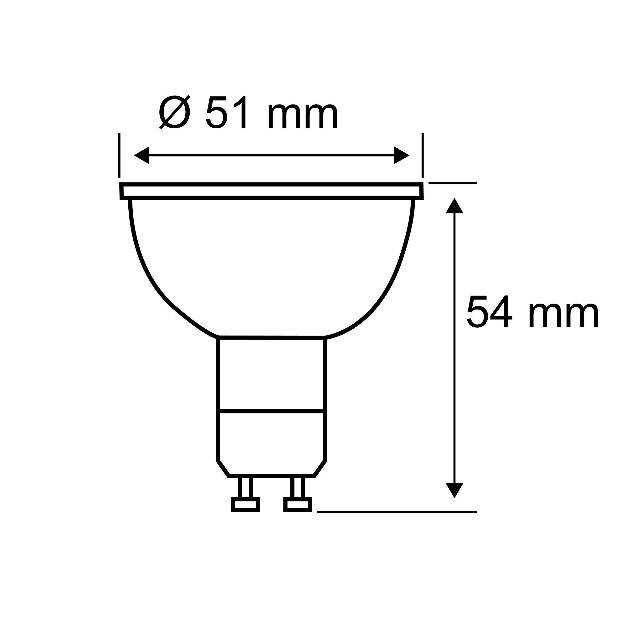 Diagramm einer Spot-Glühbirne, zeigt Abmessungen von 51 mm Durchmesser und 54 mm Höhe.