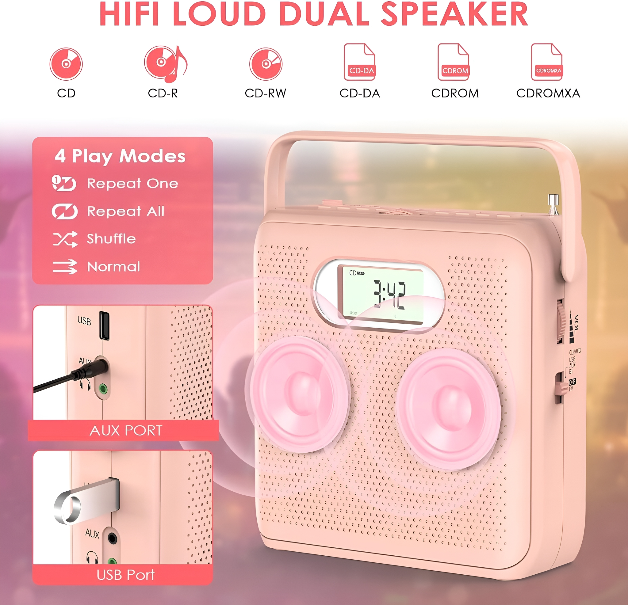 Rosa Radio im Retro-Stil mit Knöpfen und Lautsprechern, USB- und AUX-Anschlüsse.
