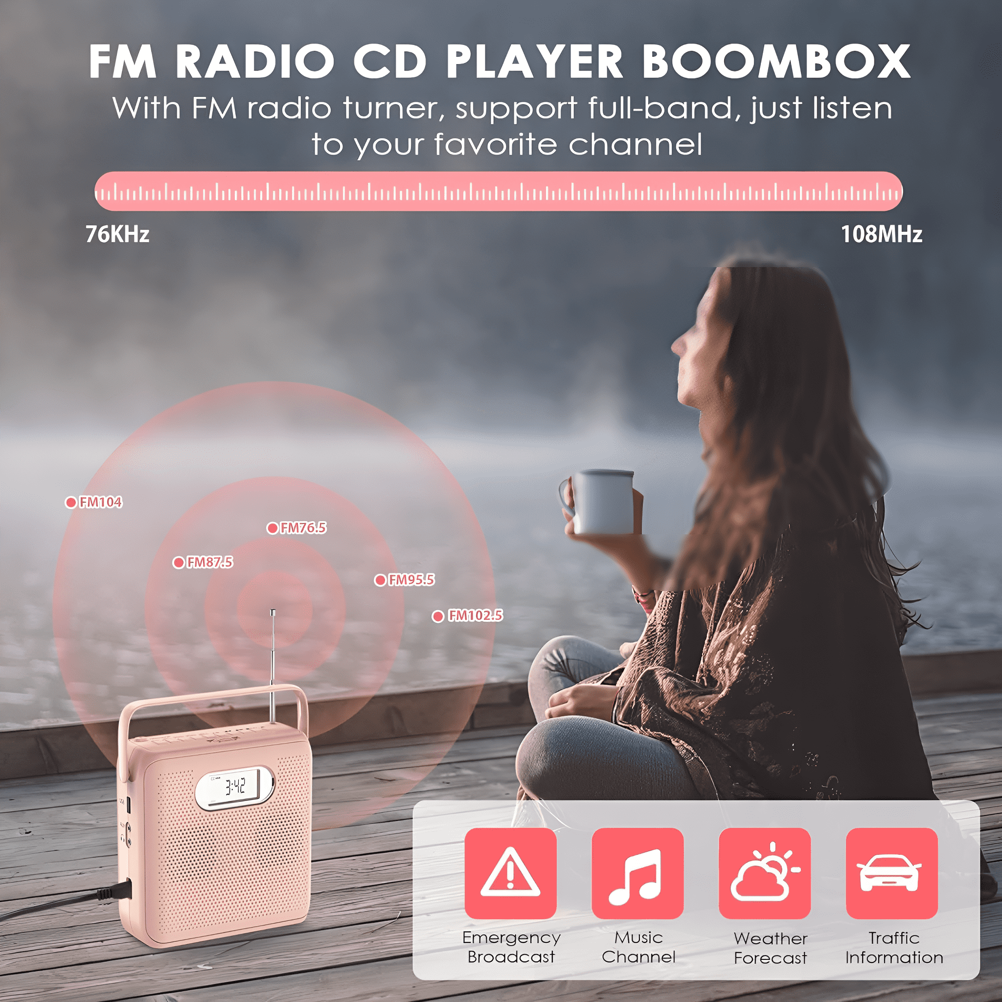 Rosa Radio, Frau am Dock, Icons: Notfall, Musik, Wetter, Verkehr.