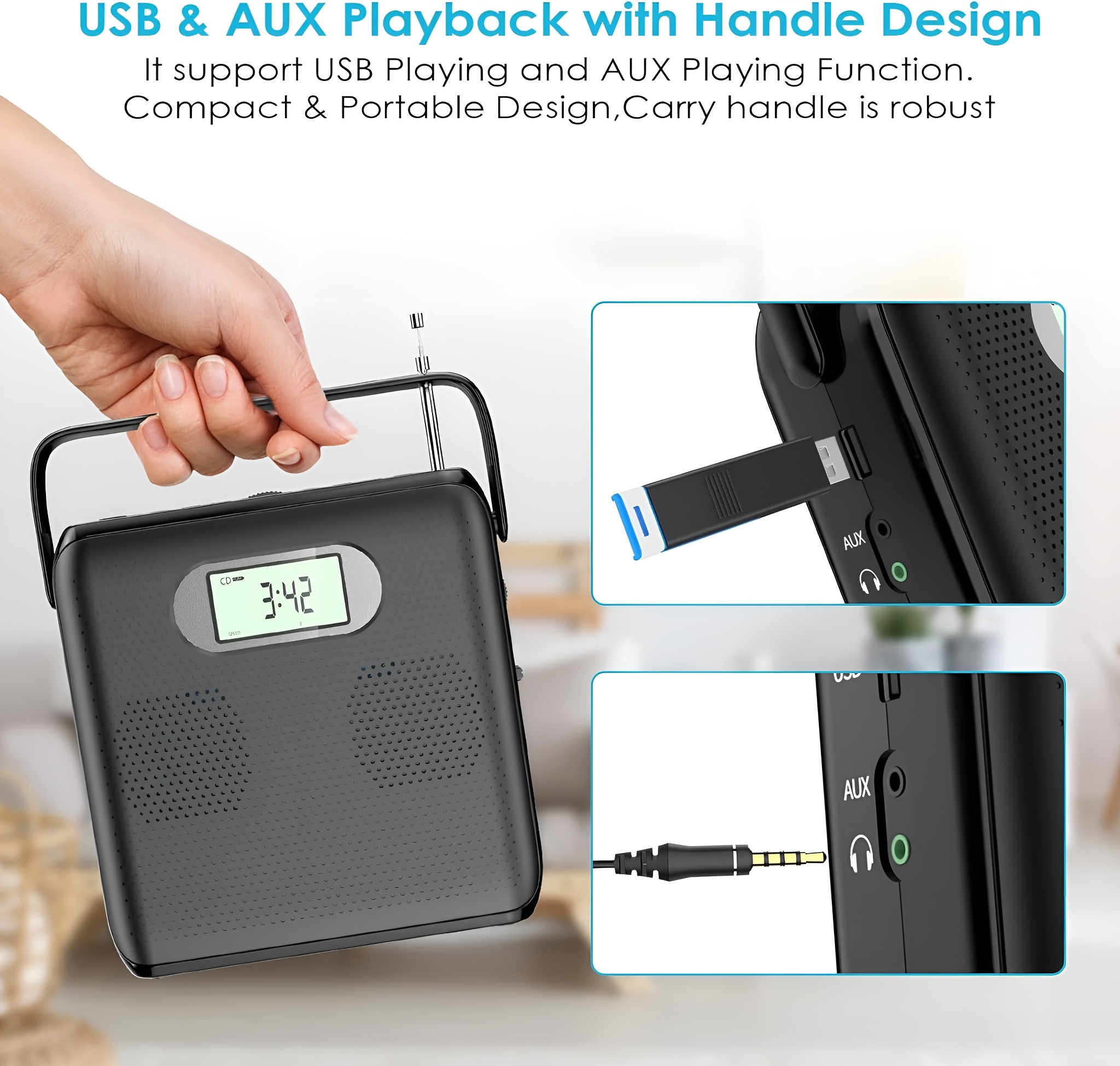 Kleines schwarzes Radio mit Griff, unterstützt USB/AUX-Wiedergabe. Hat einen kleinen Bildschirm mit Uhrzeit und Anschlüssen.