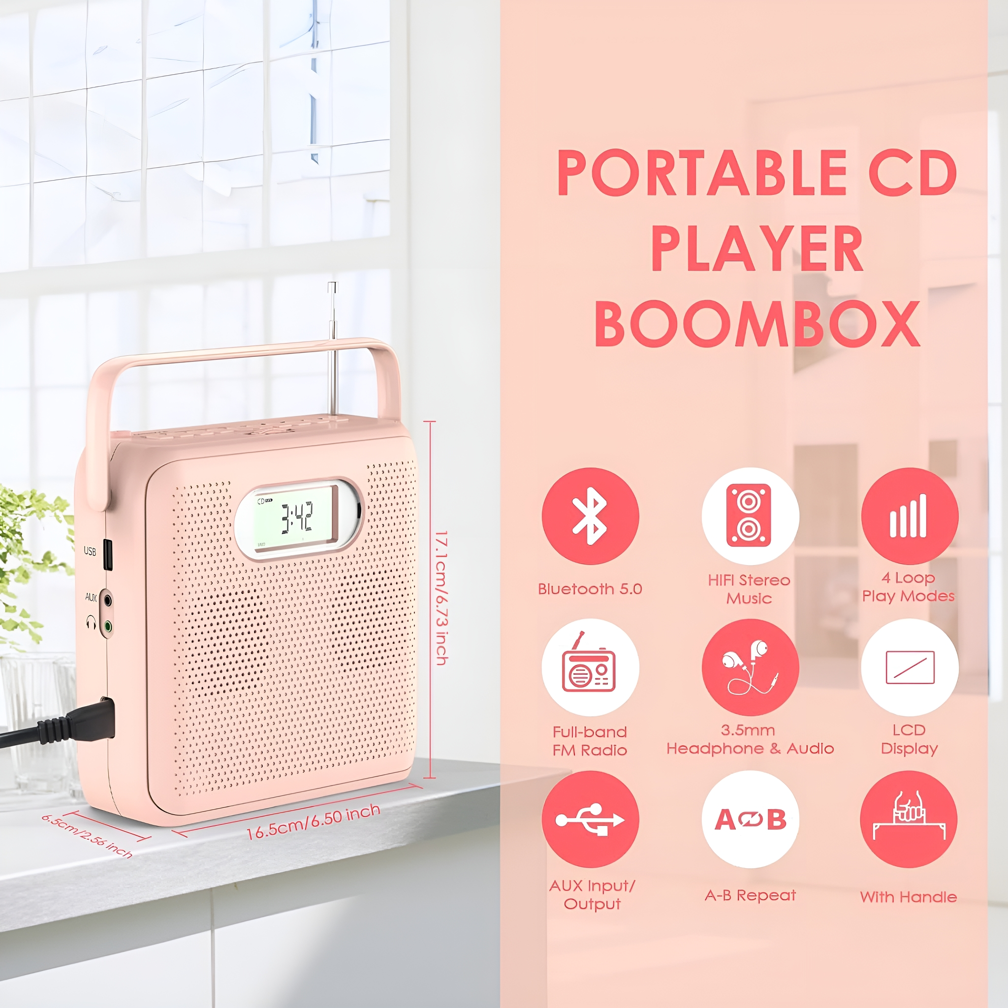 Rosa tragbarer CD-Player mit verschiedenen Funktionssymbolen und Abmessungen. Text auf Englisch.