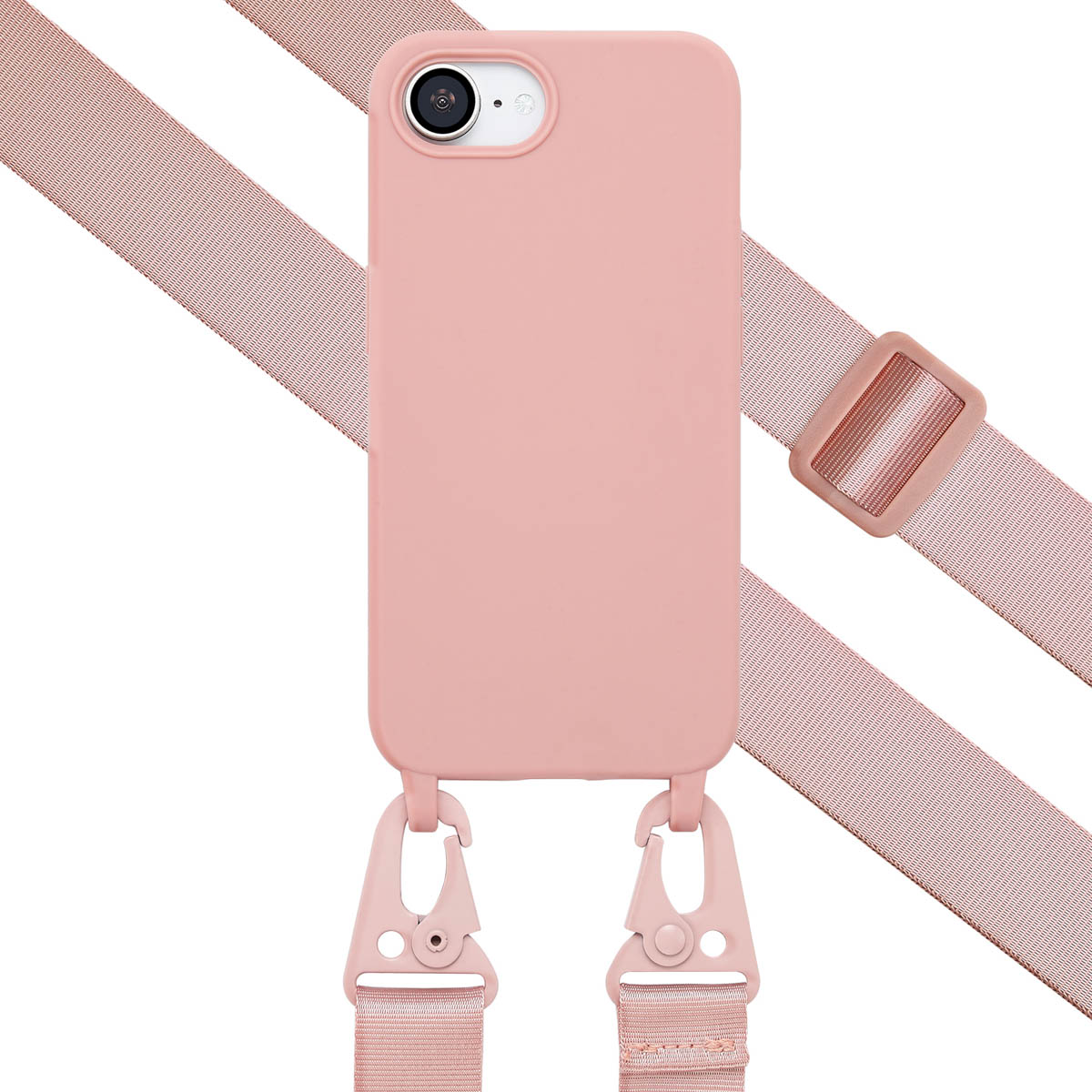 Roze telefoonhoesje met band. Band bevestigt met haken, andere kant aan een gesp.