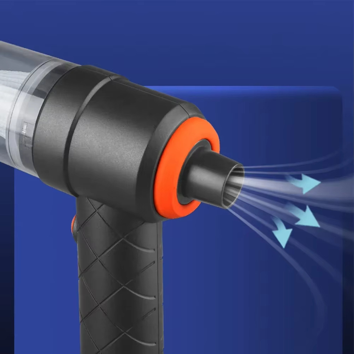 Aspirapolvere portatile nero e arancione con frecce di flusso d'aria su sfondo blu.