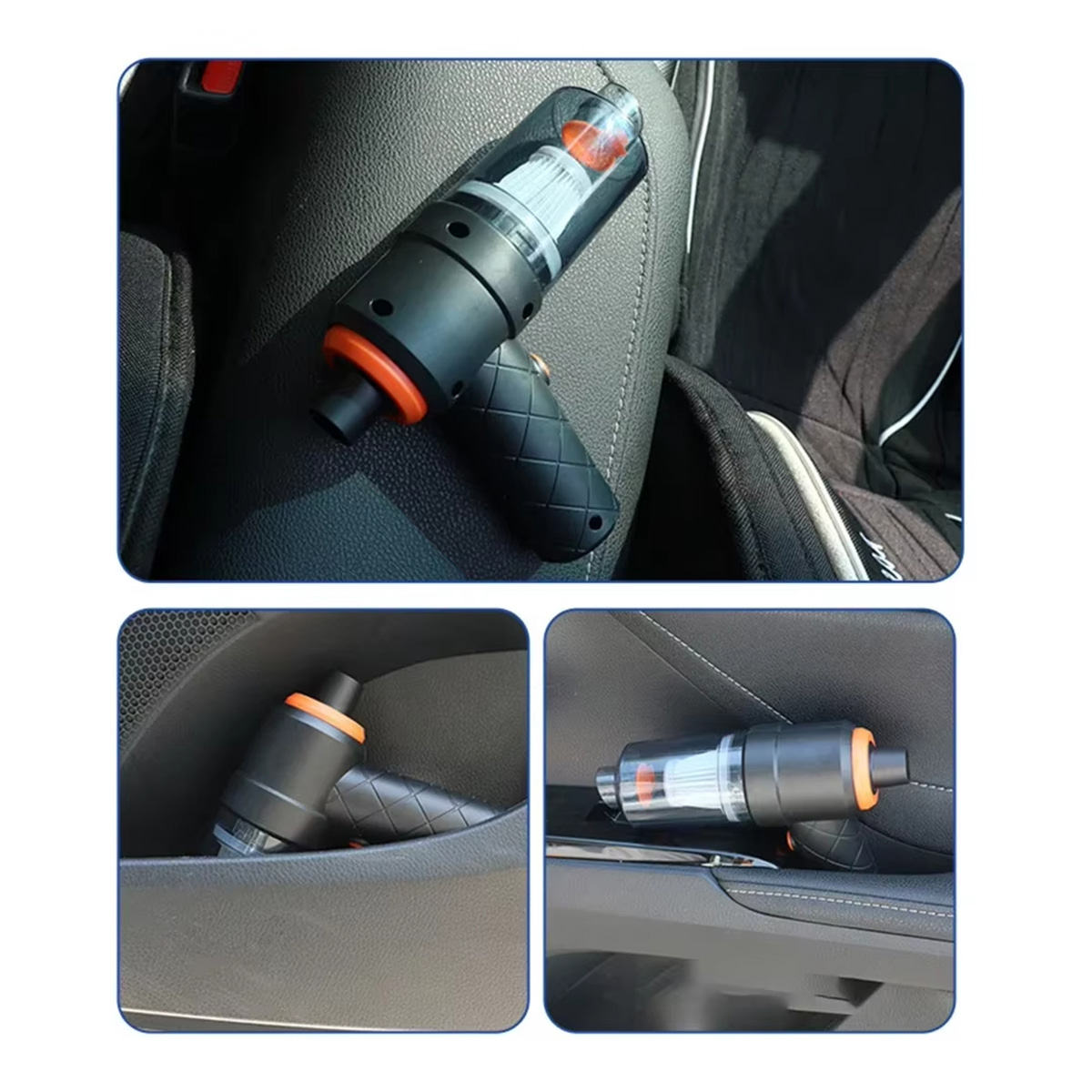 Aspirapolvere nero per auto con finiture arancioni, in un'auto.