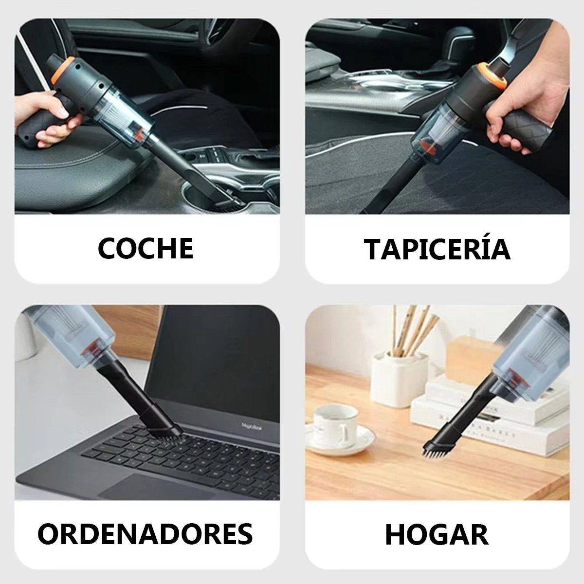 Aspirapolvere utilizzato su un sedile auto, tappezzeria, laptop e tavolo. Testo: auto, tappezzeria, computer, casa.