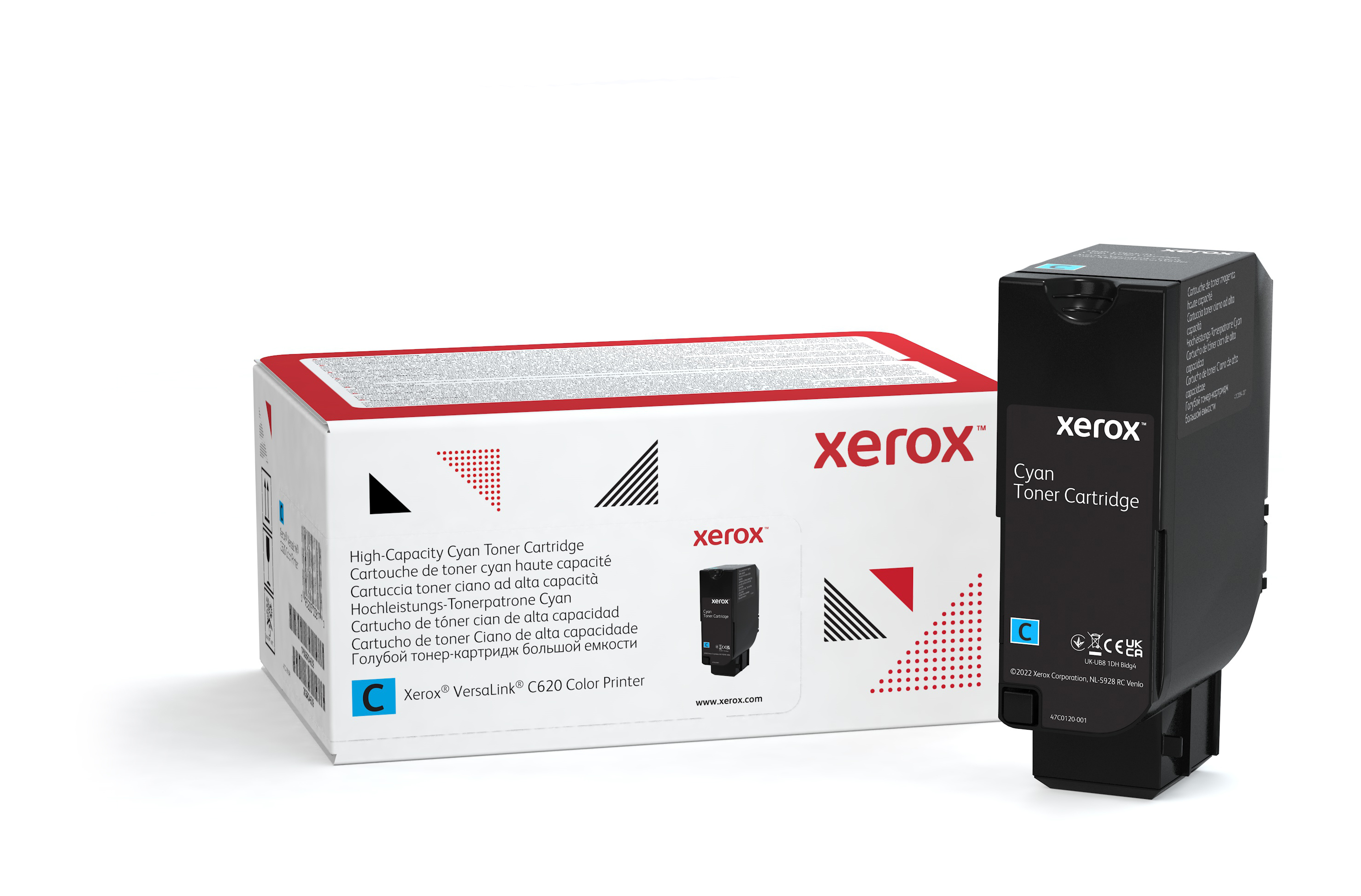 Błękitny wkład z tonerem i pudełko z marką Xerox na białym tle.