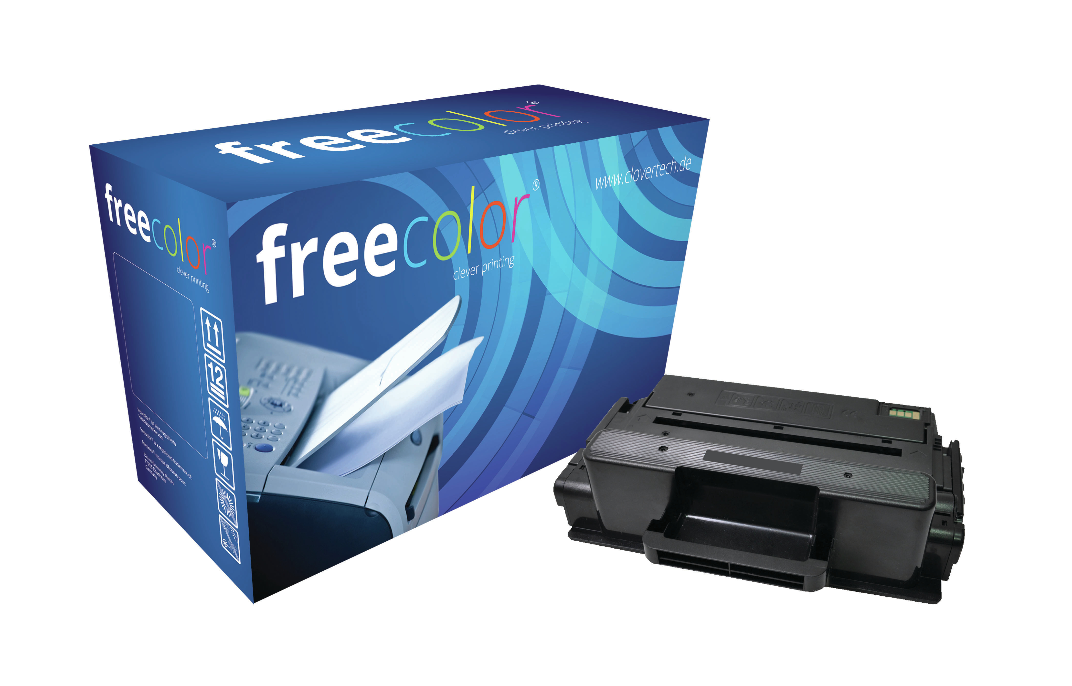 Cartuccia toner e relativa scatola con la scritta freecolor. La cartuccia è nera.