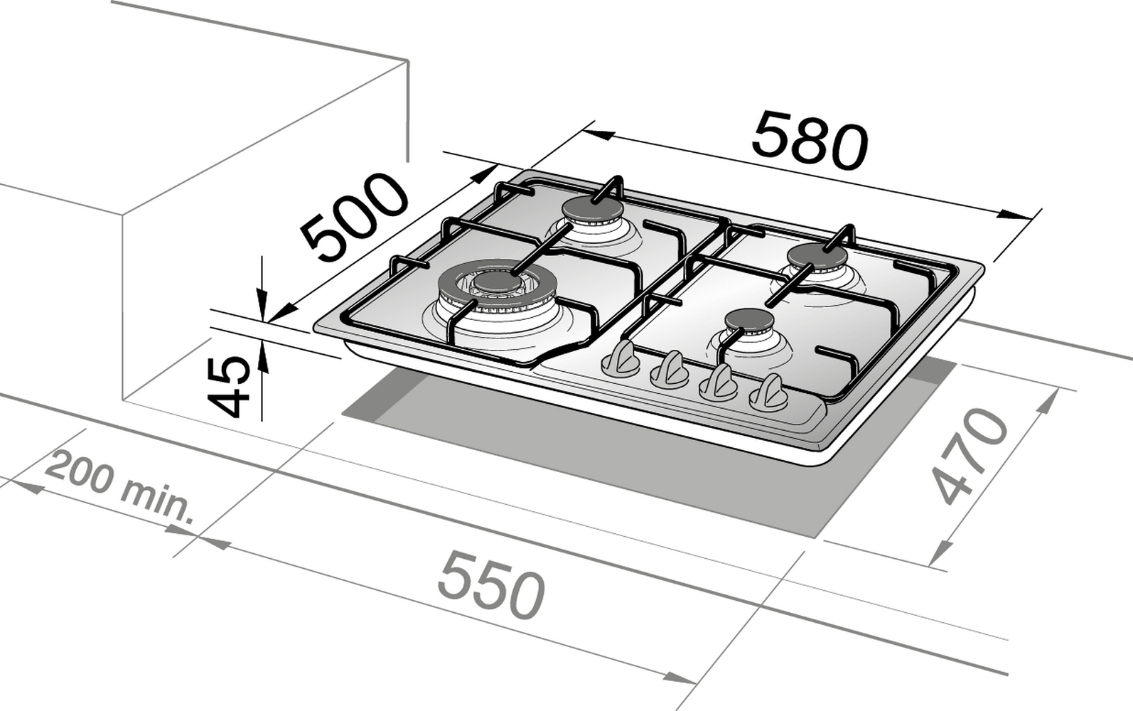 Srebrna płyta grzejna z czterema palnikami. Obraz zawiera wymiary i wymiary.