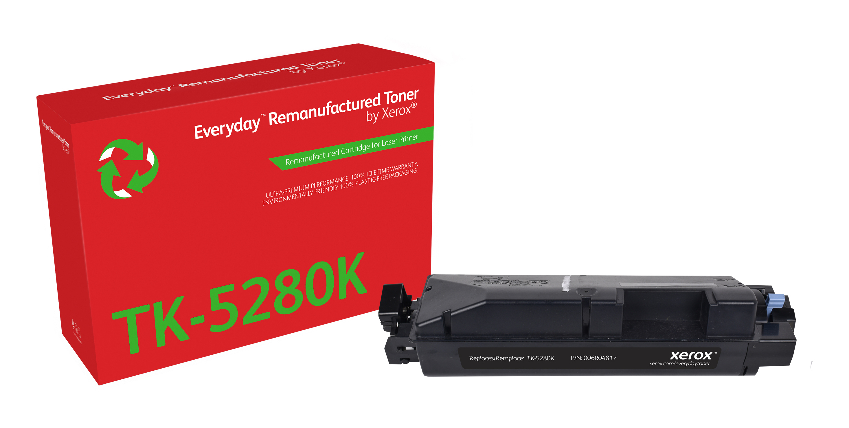 Czerwone pudełko i czarny wkład z tonerem. Na pudełku napis Everyday Remanufactured Toner by Xerox.